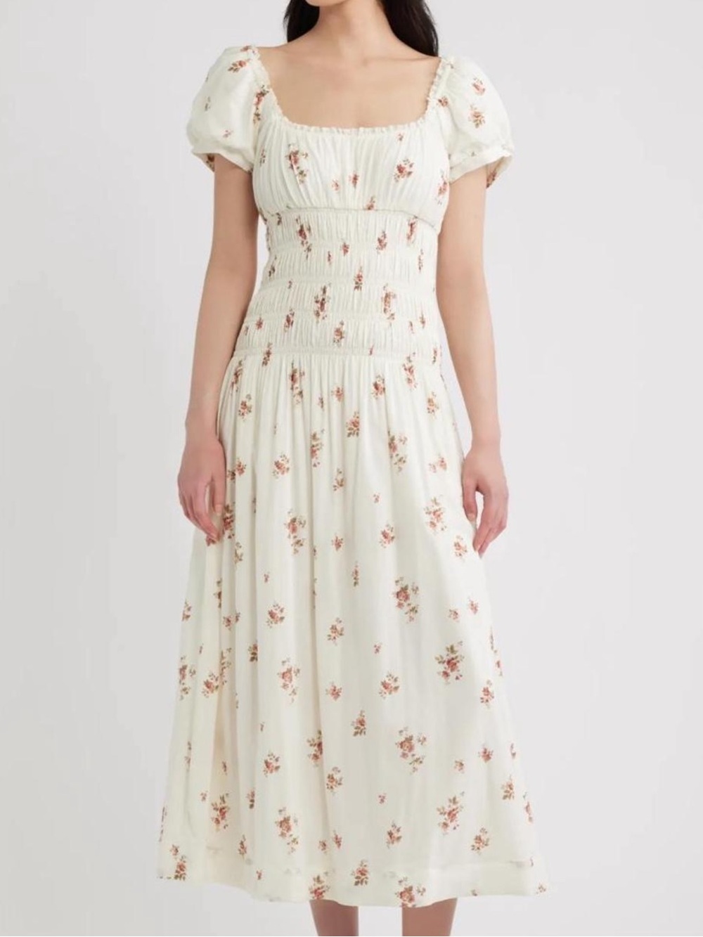 Reformation Riva Shirred Summer Floral Midi Dress
